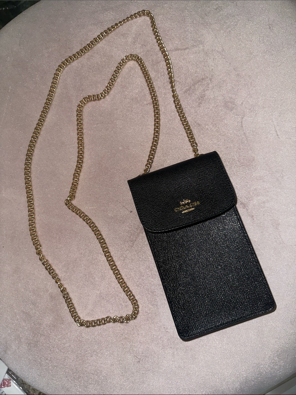 Coach Black Leather Crossbody Phone Pouch with Gold Chain